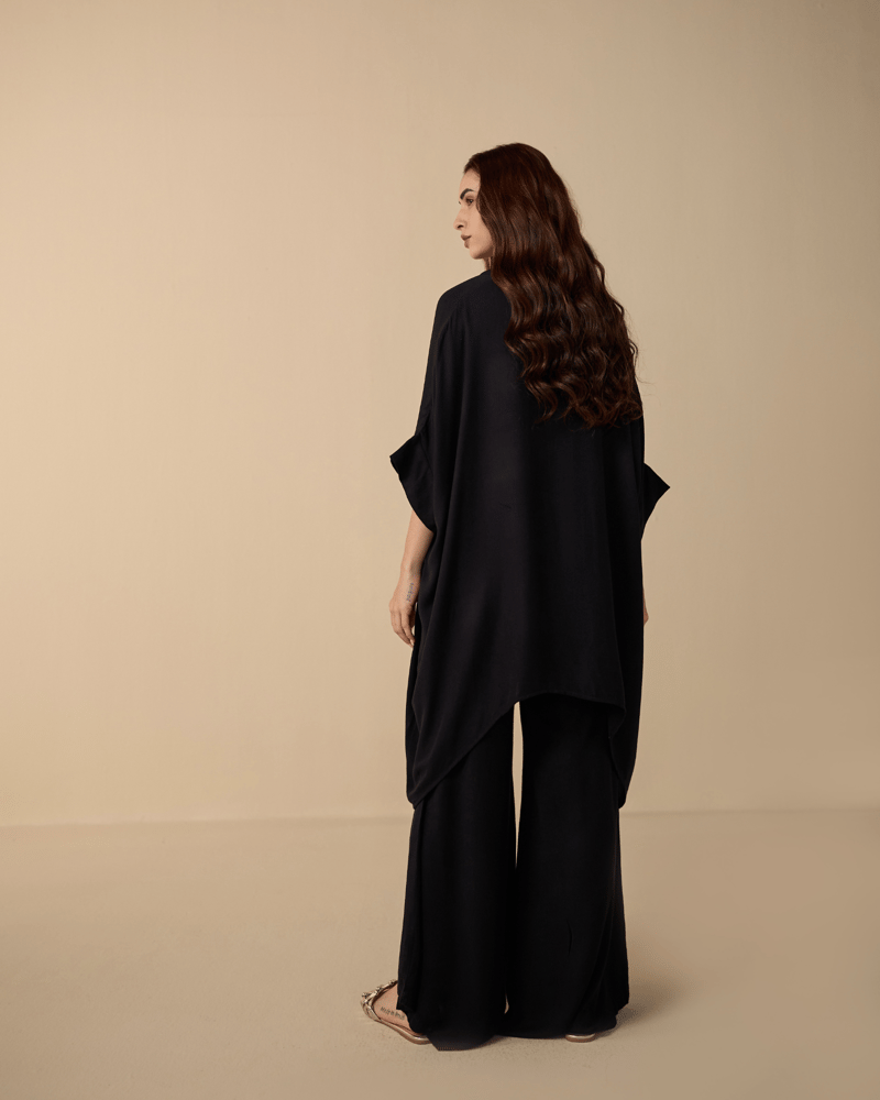 Black Kaftan Top and Wide-Leg Pants Co-ord Set