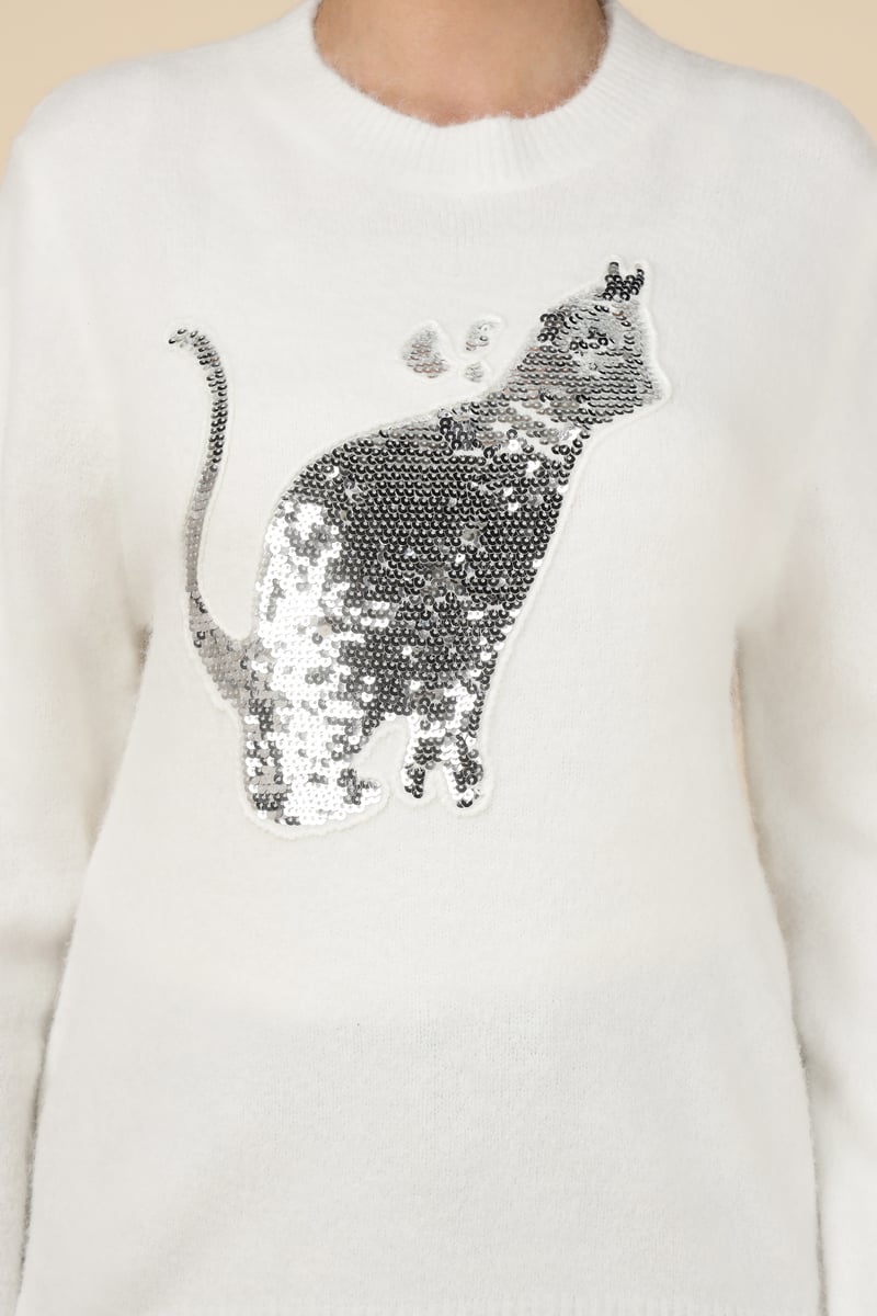 White Sequin Cat Motif Crewneck Pullover Sweater