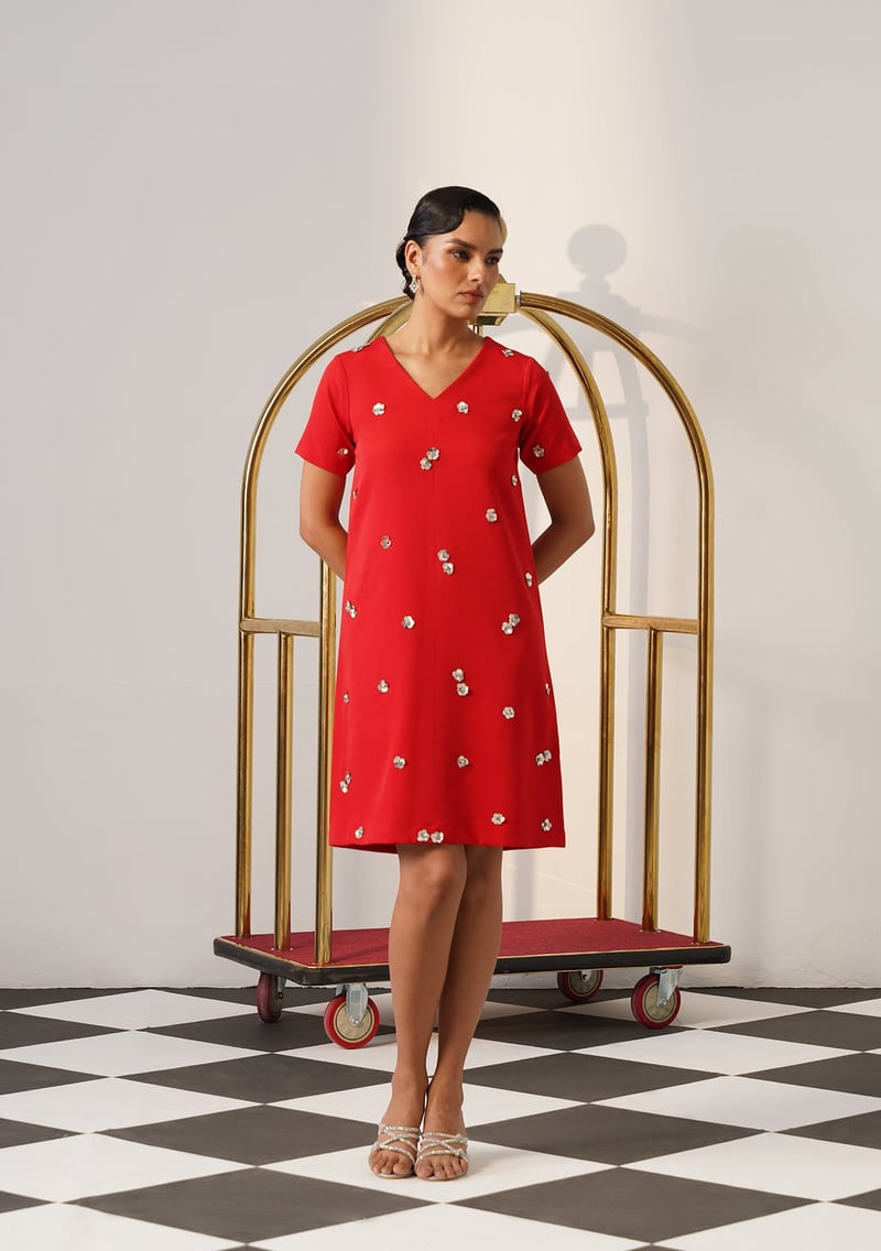 Red Knee-Length Shift Dress with 3D Floral Applique