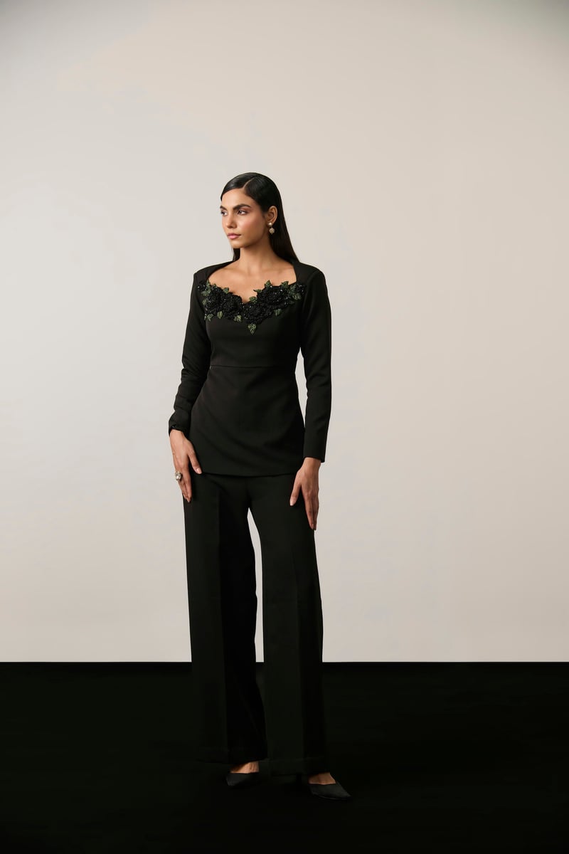 Black Embellished Peplum Top and Wide-Leg Co-ord Set
