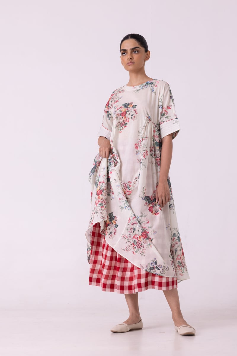 Red Checked Handwoven Cotton Midi Skirt with Box Pleats