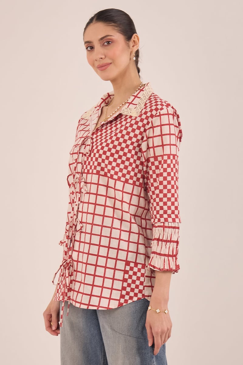 Red and White Patchwork Check Tie-Up Shirt Tunic