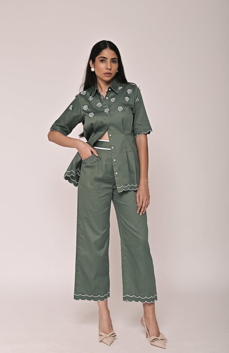 Light Green Scallop Hem Shirt and Wide-Leg Pants Co-ord Set