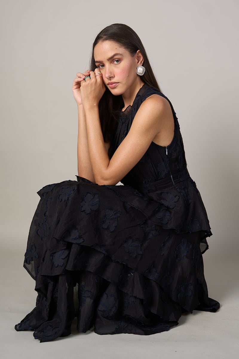 Black Jacquard Tiered Maxi Dress