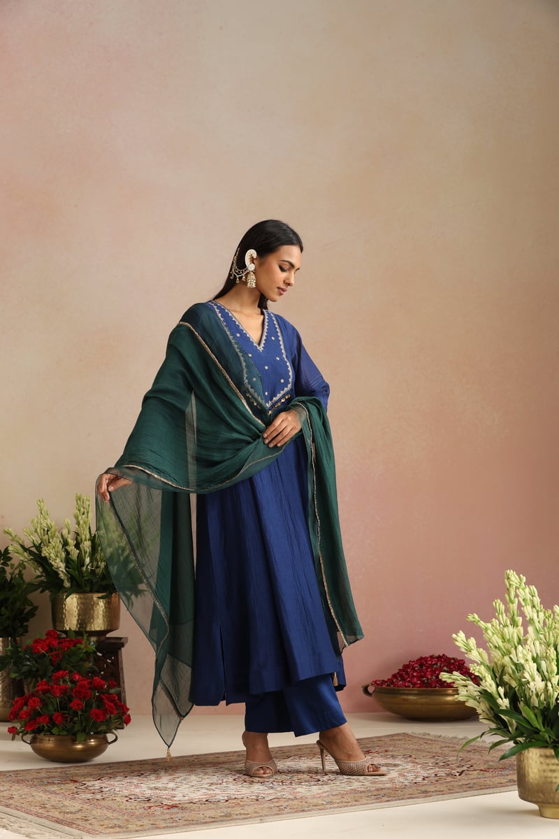Royal Blue Silk Chanderi Embroidered Kurta Set