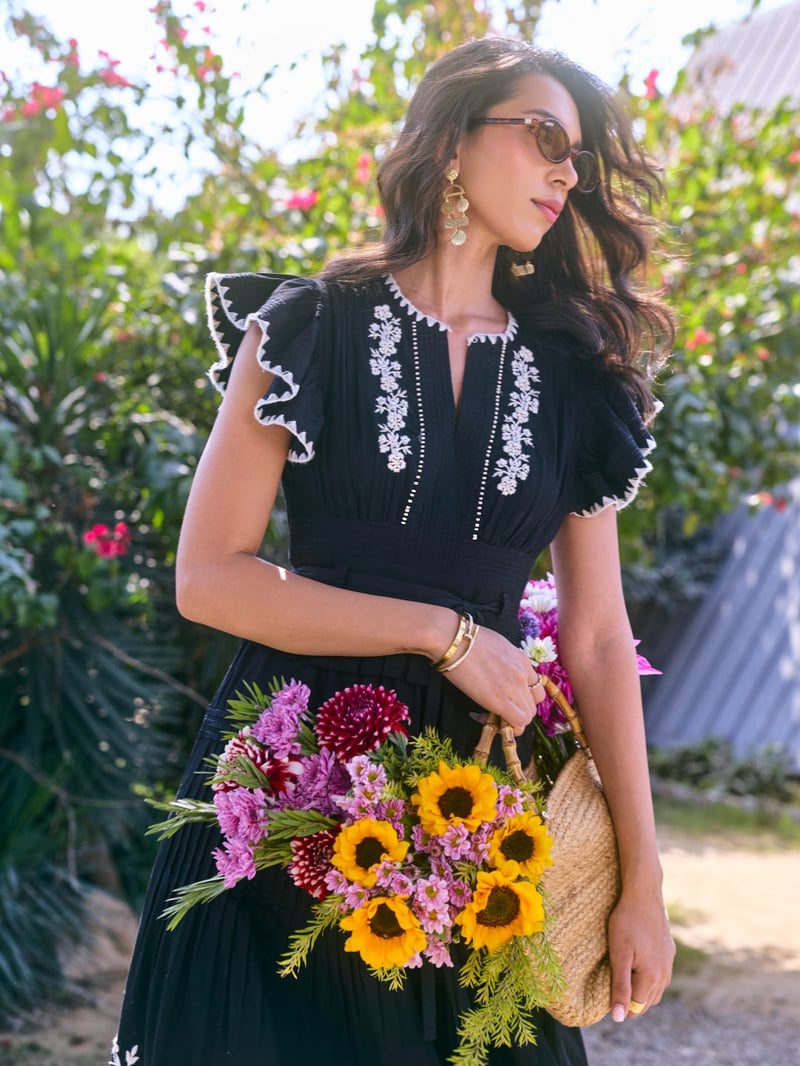 Black Embroidered Fit and Flare Midi Dress