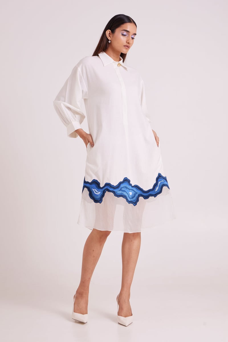 Ivory Midi Shirt Dress with Blue Hem Border