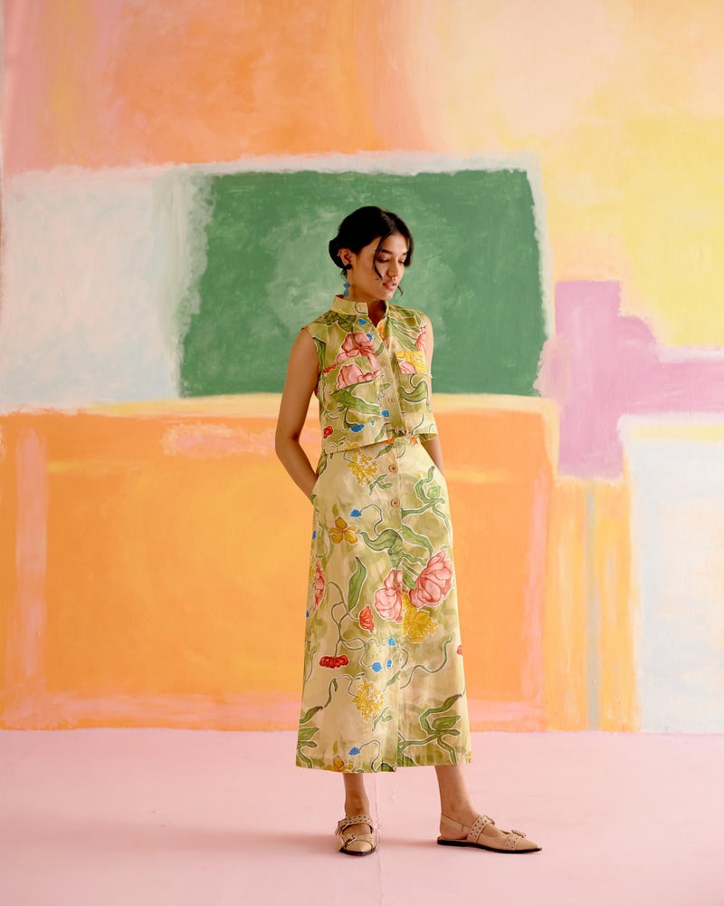 Multicolor Floral Cotton Poplin Co-ord Set with Midi Skirt