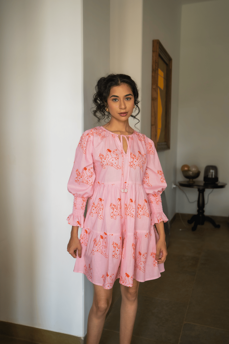Pastel Pink Printed Tiered Mini Dress with Smocked Sleeves