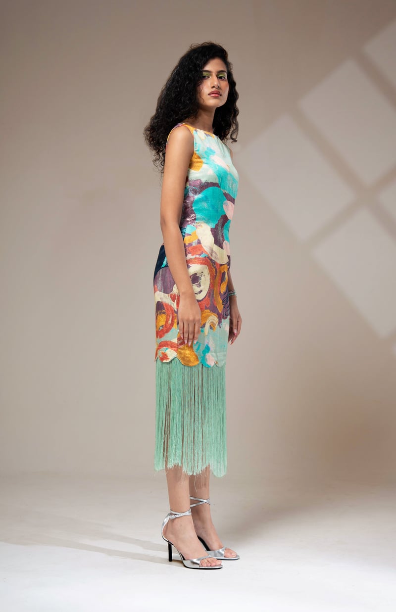 Multicolor Abstract Print Fringe Hem Satin Midi Dress