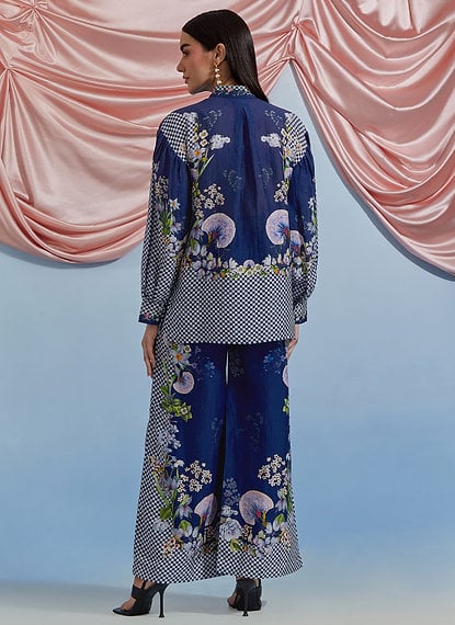 Airforce Blue Floral Shirt and Wide-Leg Co-ord Set