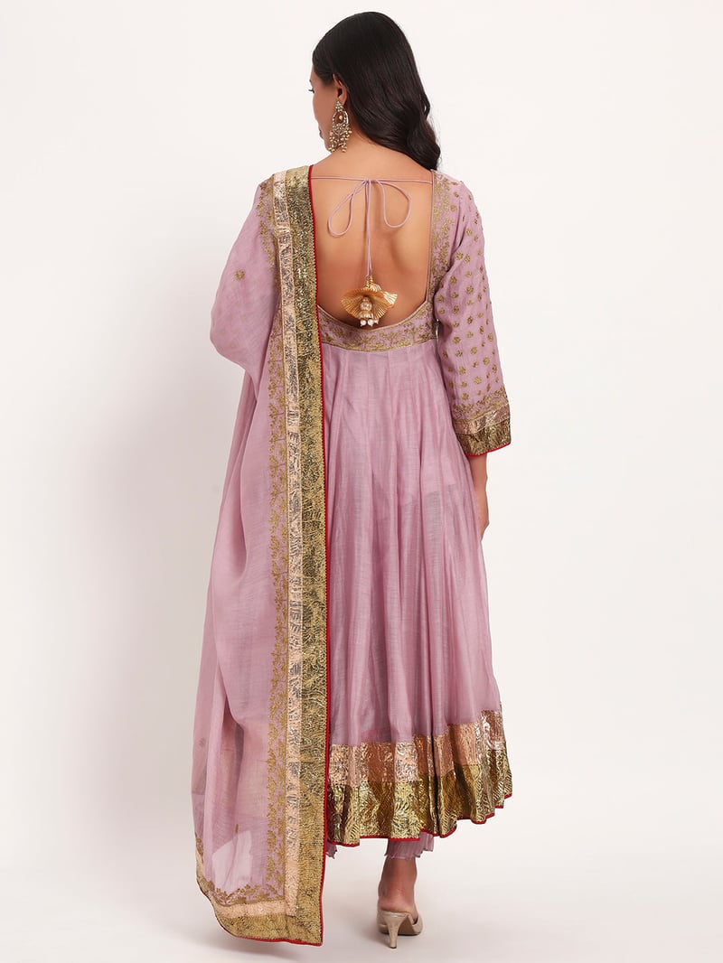 Lilac Mal Chanderi Anarkali Set with Pants and Dupatta