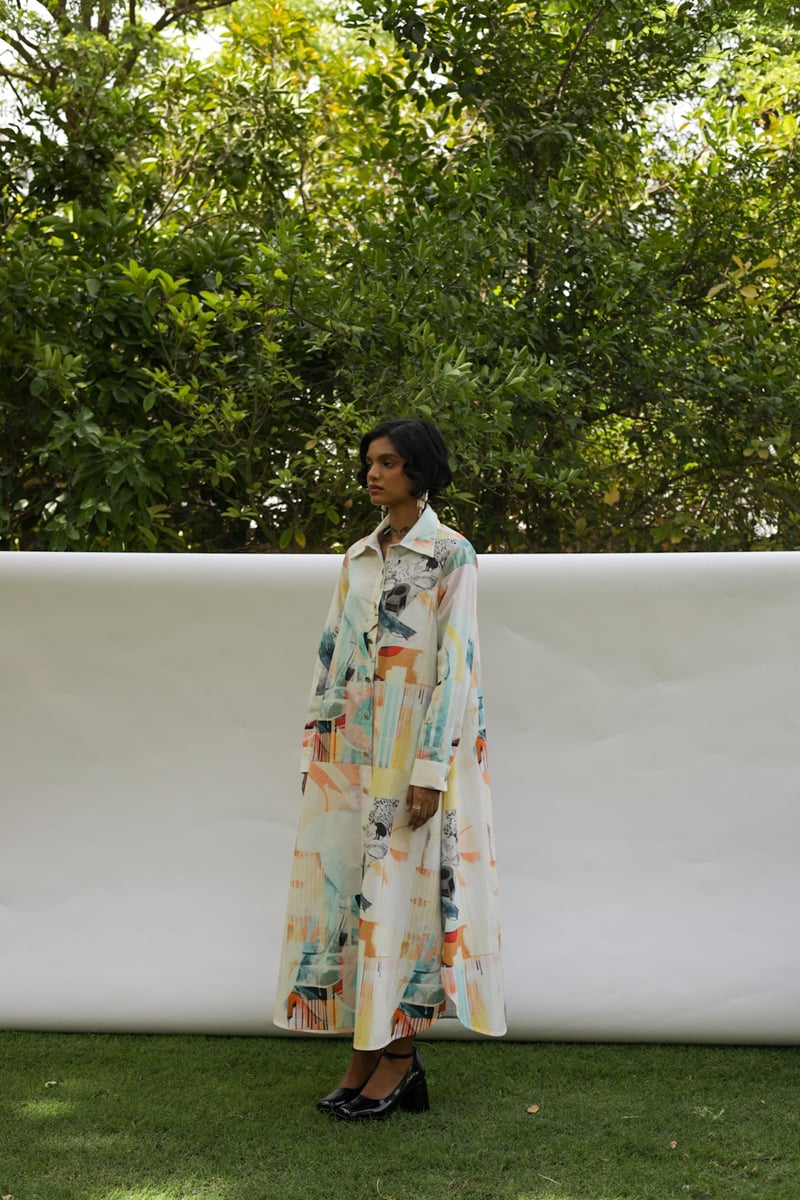Multicolor Abstract Print Maxi Shirt Dress