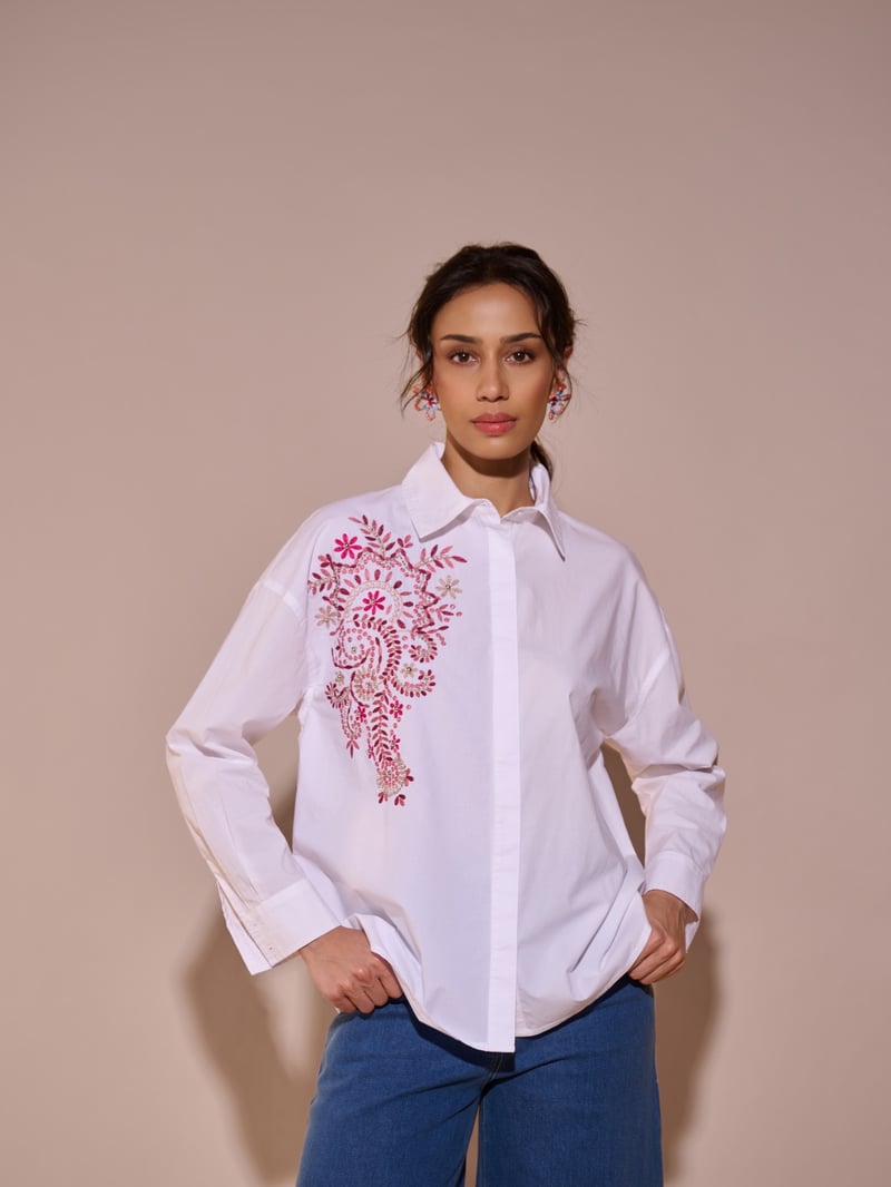 White Cotton Embroidered Button-Down Shirt