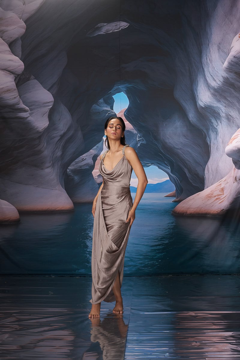 Silver Satin Cowl Neck Maxi Gown with Embellished Straps