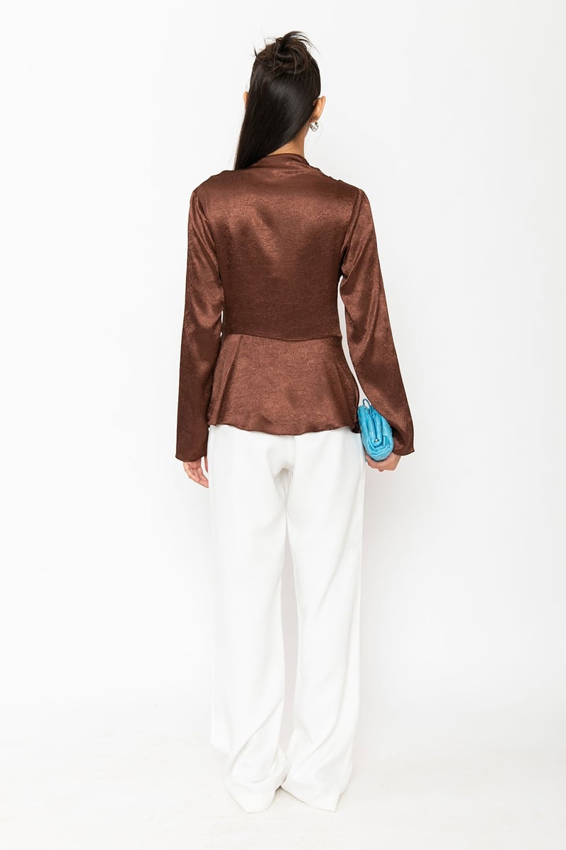Brown Crushed Satin Wrap-Front Peplum Top