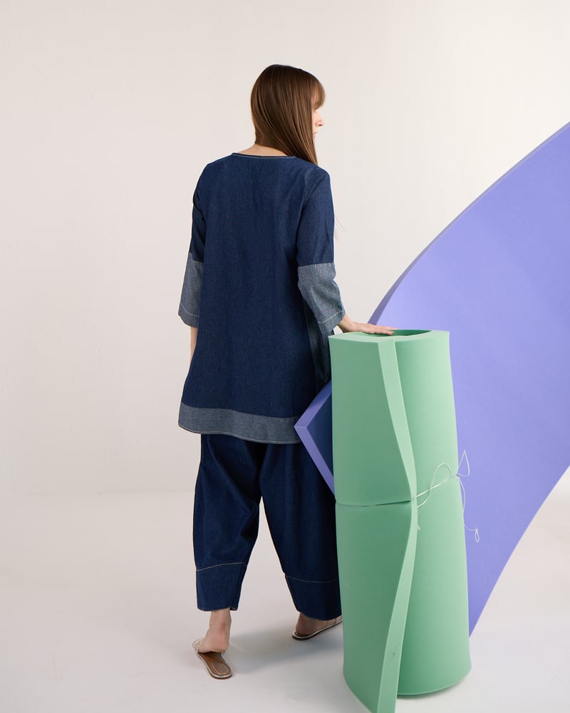 Blue Denim Colorblock Tunic and Farshi Pants Co-ord Set