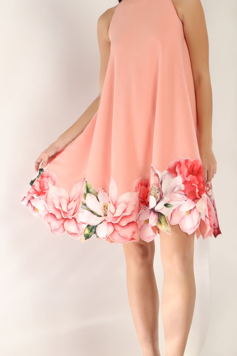 Peach High-Neck A-Line Mini Dress with Floral Hem