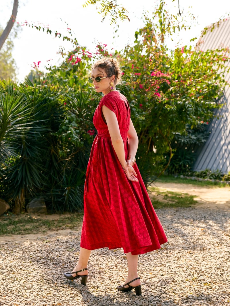 Red Textured Fit and Flare Midi Dress with Waist Sash