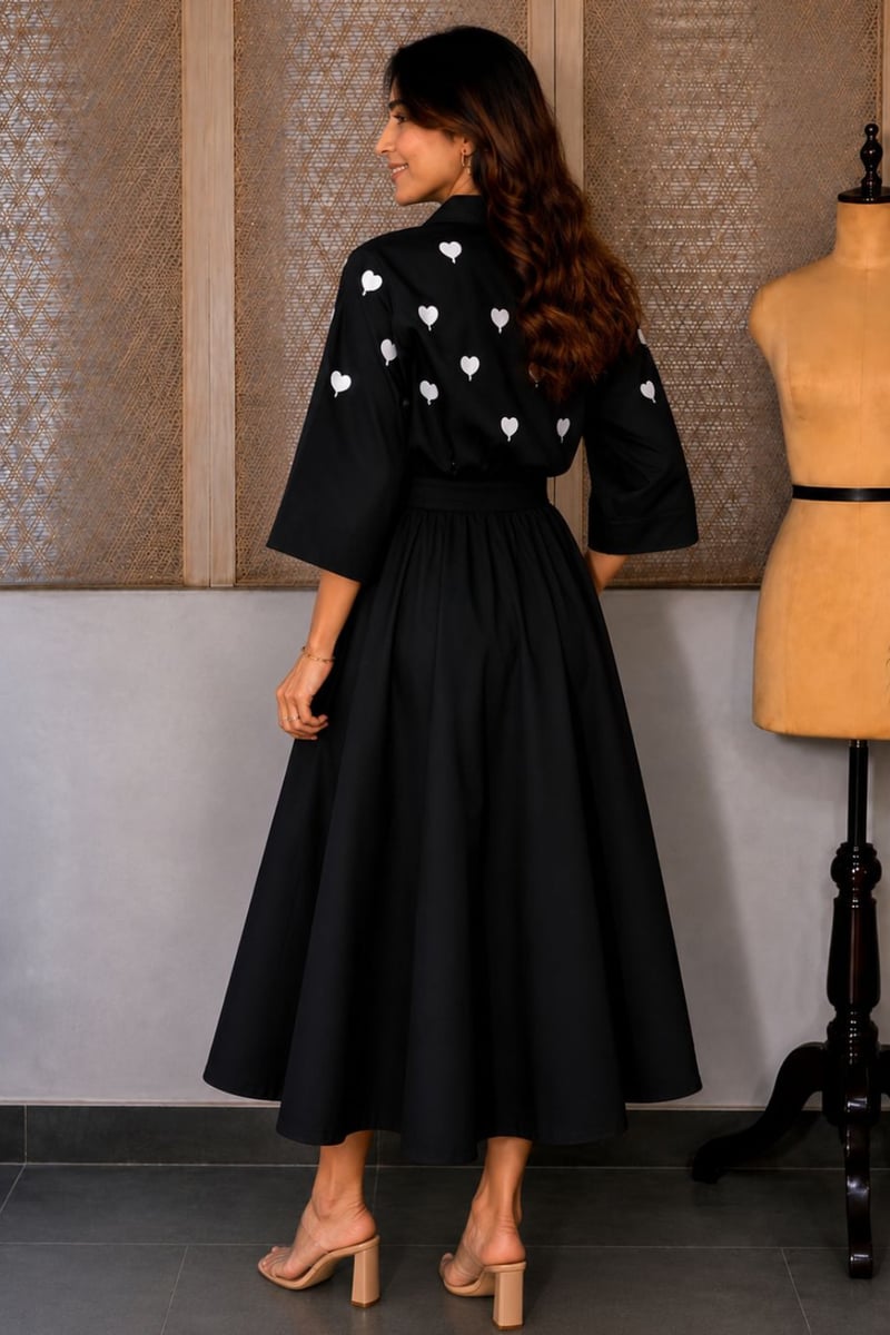 Black Heart Print Top and Midi Skirt Co-ord Set