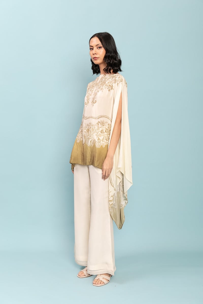 Ivory and Olive Printed Cape Kaftan Top