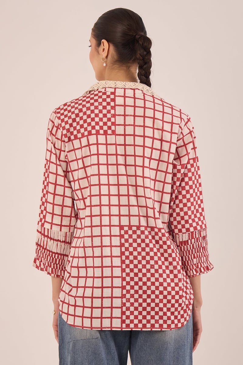 Red and White Patchwork Check Tie-Up Shirt Tunic