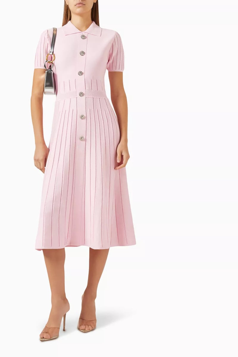 Pink Striped Knit Collared Midi Dress with Button Front