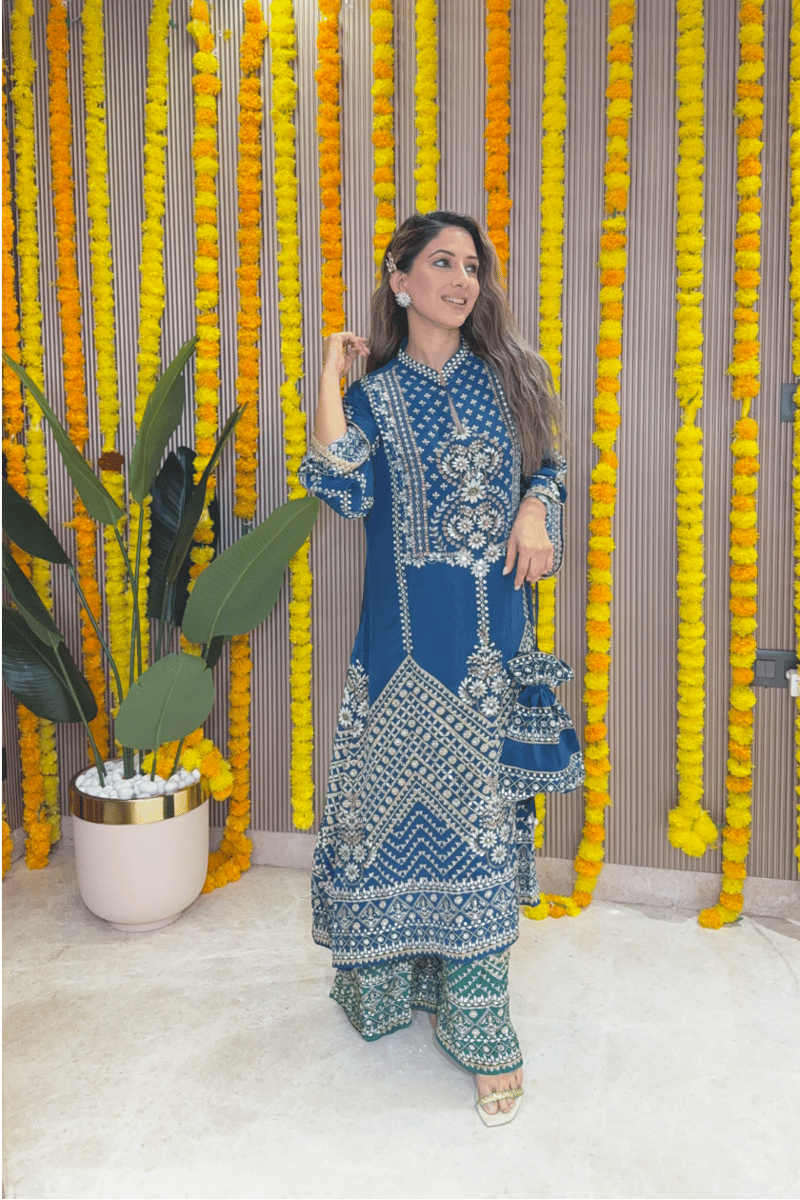 Teal & Emerald A-Line Printed Kurta Set with Palazzo