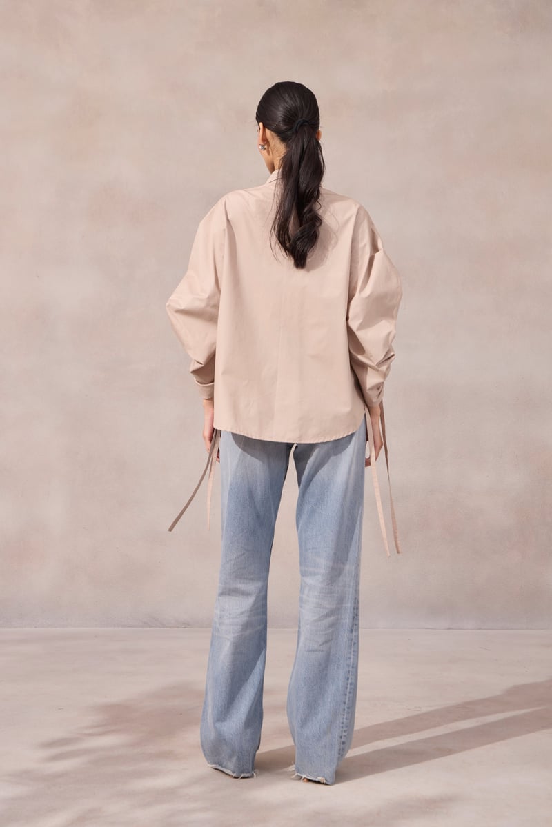 Lavender Zip-Front Shirt with Ruched Sleeves