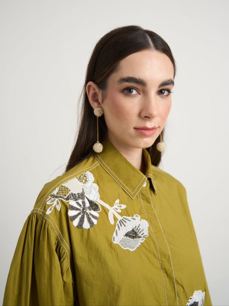 Green Embroidered Cotton Shirt and Pants Co-ord Set