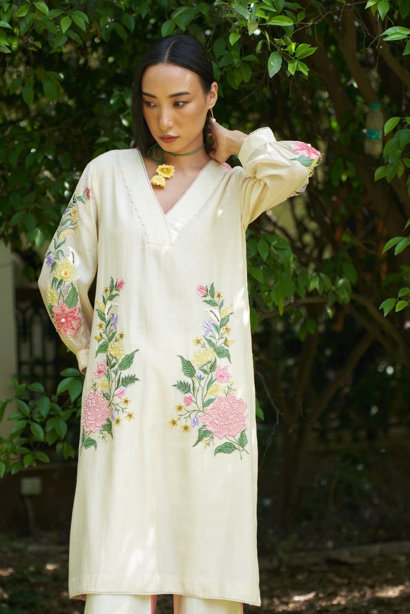 Beige Mul Chanderi Embroidered Straight Kurta Set