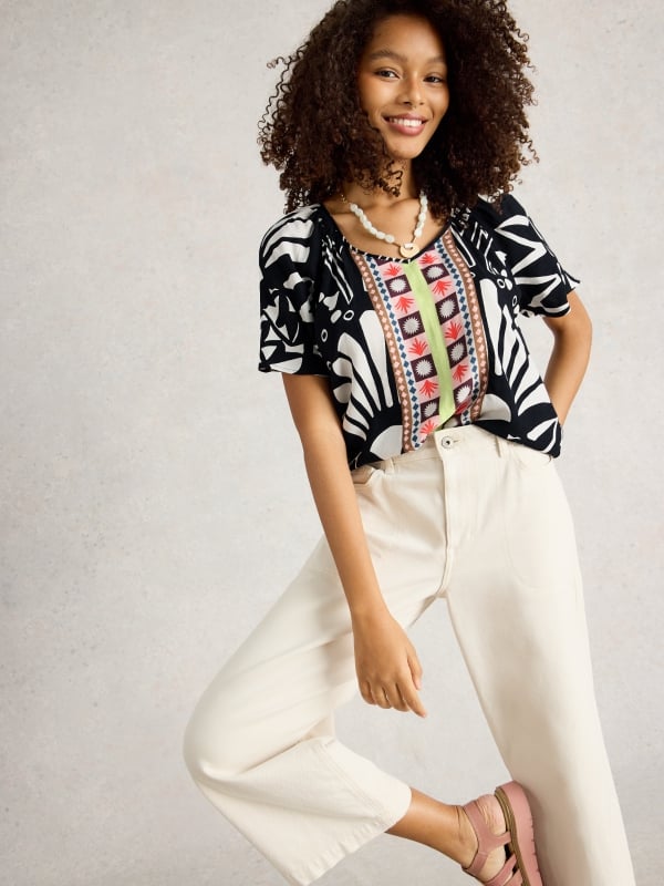 Navy Printed V-Neck Short Sleeve Top
