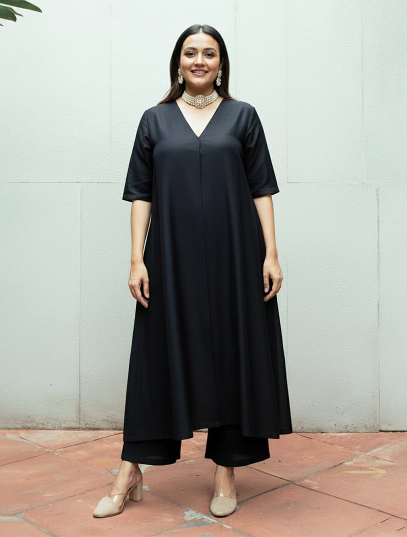 Black Muslin Silk V-Neck Kurta Pant Set