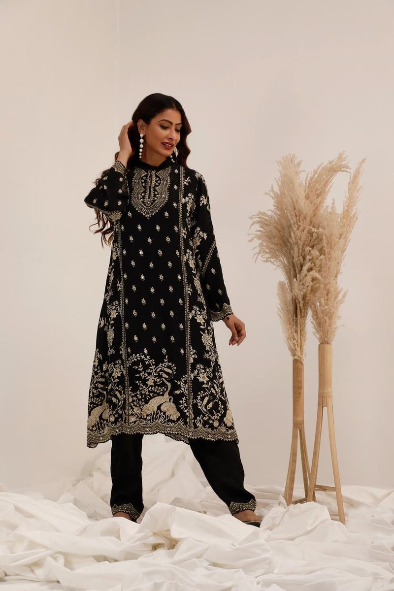 Black Crepe A-Line Kurta Set with Dhoti Pants