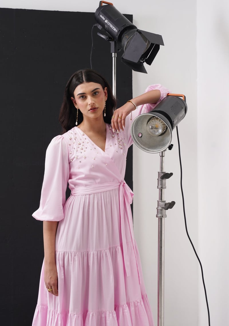 Baby Pink Embellished Tiered Wrap Midi Dress