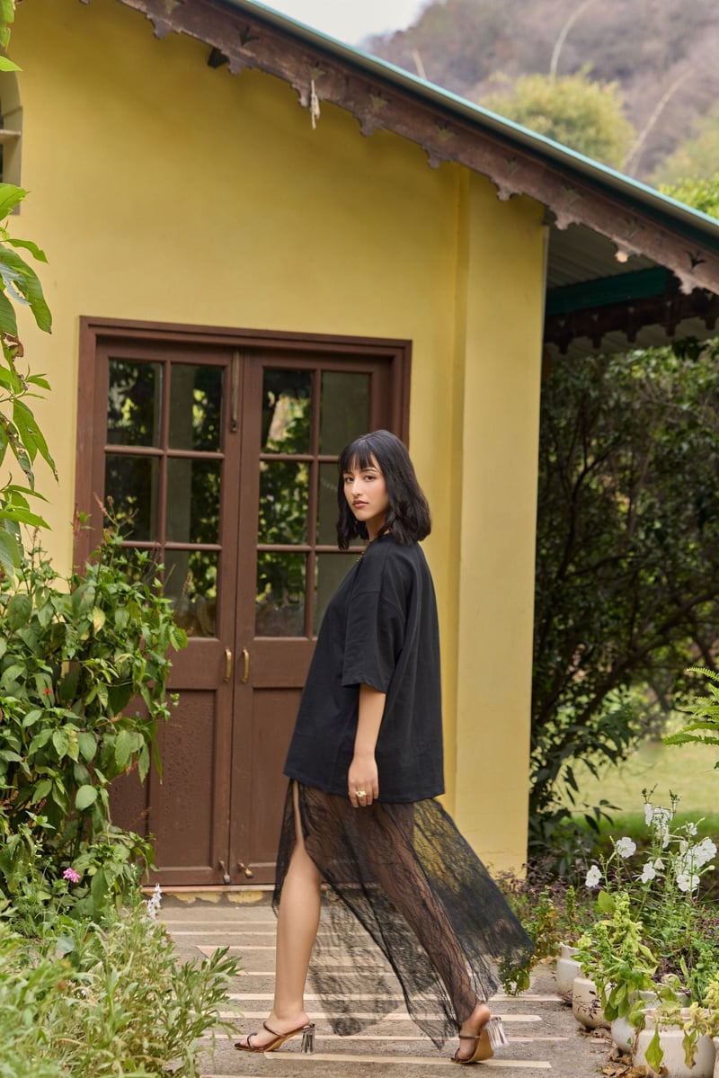 Black Sheer Lace Asymmetric Maxi Skirt with Side Slit