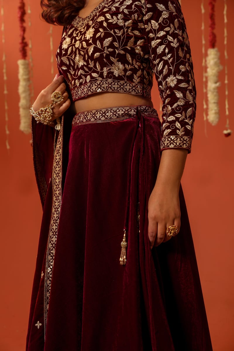 Maroon Velvet Embroidered Lehenga Set With Dupatta