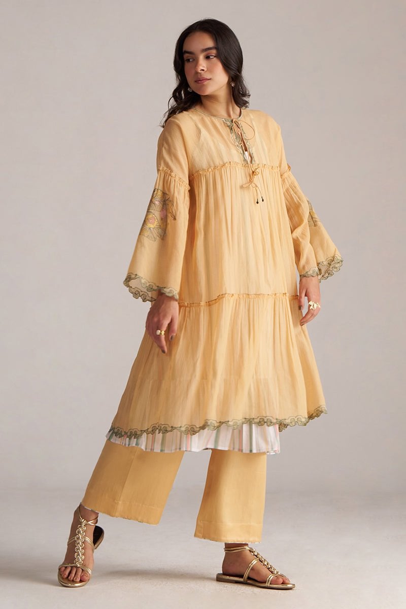 Apricot Cream Kota Silk Tiered Kurta Co-ord Set