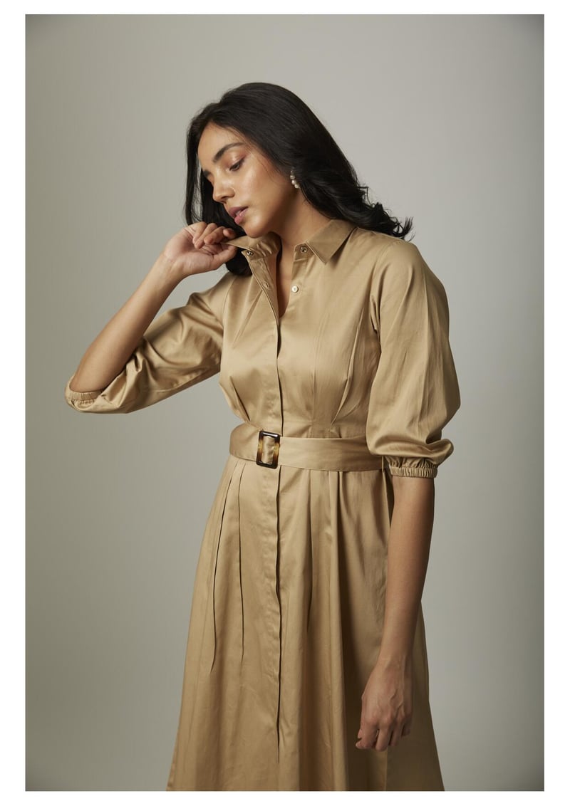Gold Cotton Satin Belted Midi Shirt Dress