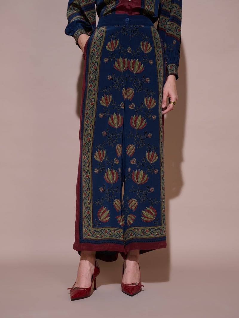 Blue Floral Placement Print Wide-Leg Trousers