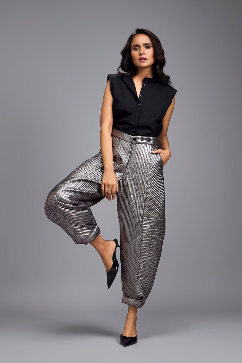 Gunmetal Metallic Quilted High-Rise Tapered Pants
