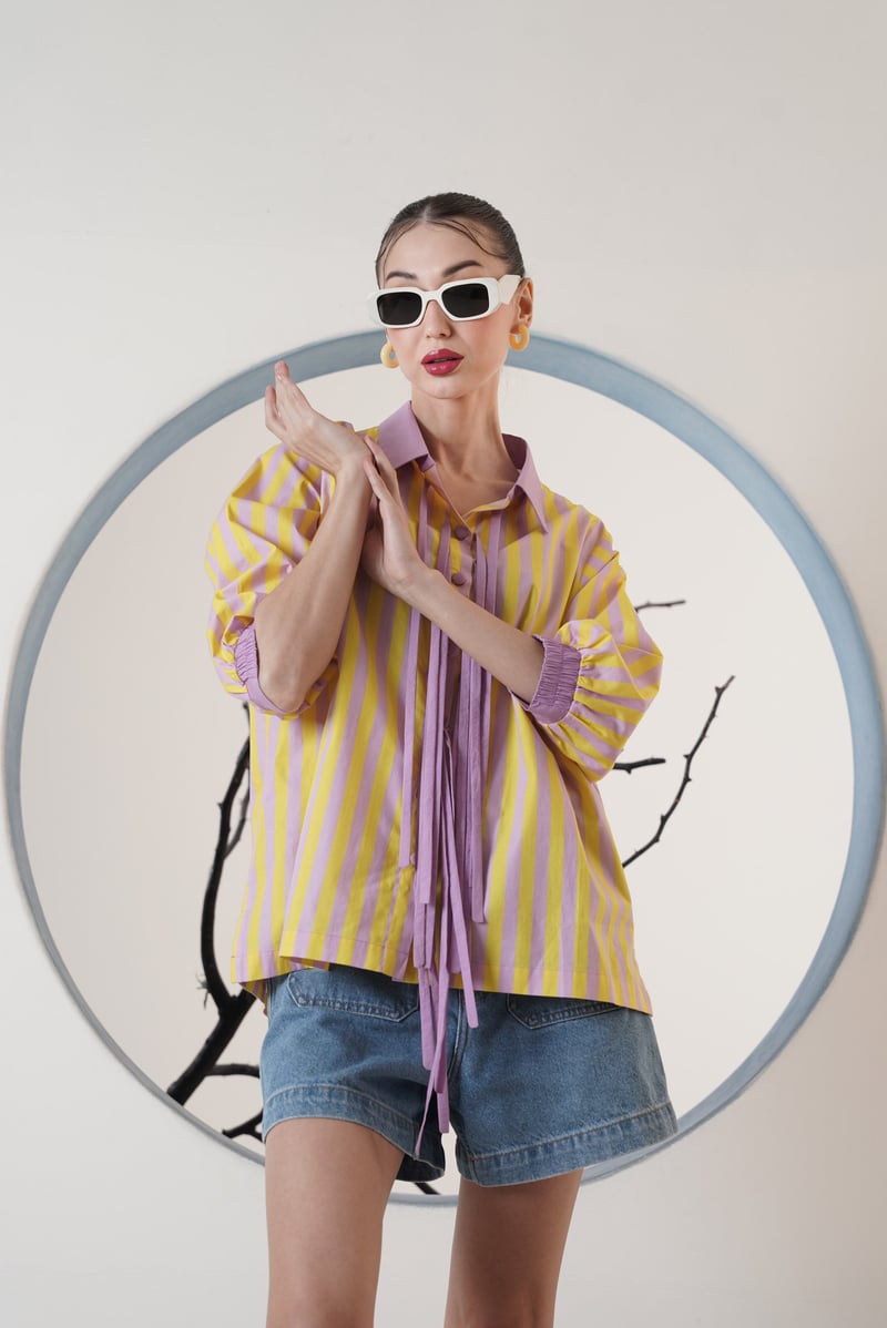Yellow and Lilac Striped Twist and Tie Shirt