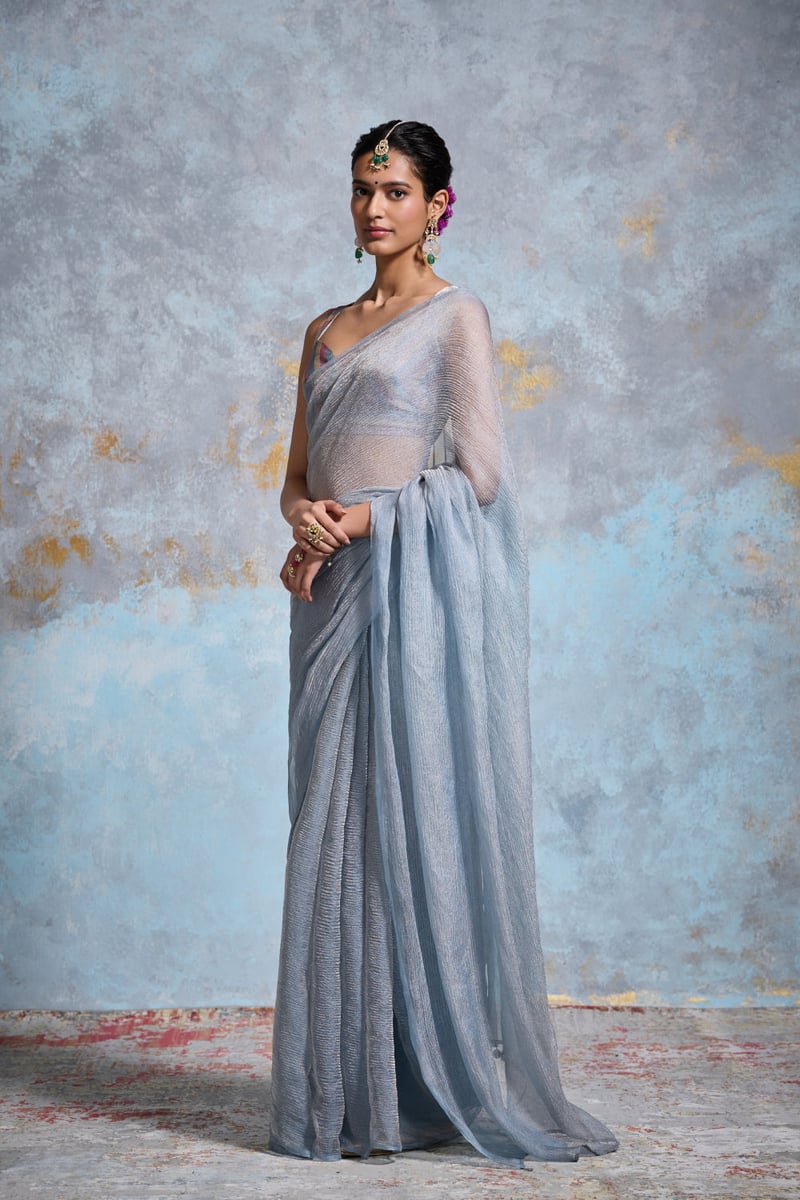 Blue Crinkle Tissue Saree with Silver Zari Sheen