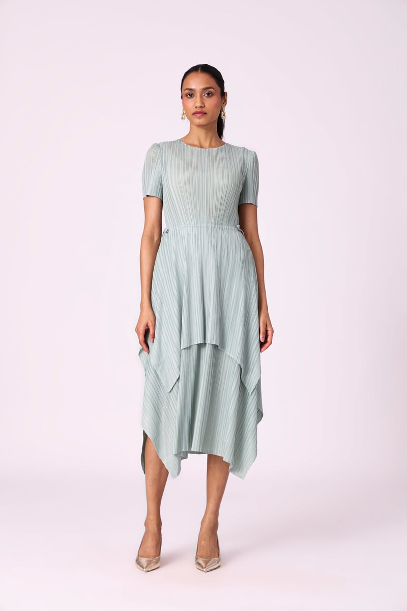 Sage Mint Pleated A-Line Midi Dress with Tie Waist — Scarlet Sage