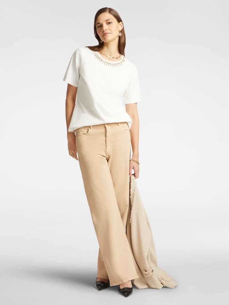 White Crew-Neck T-Shirt with Embellished Neckline