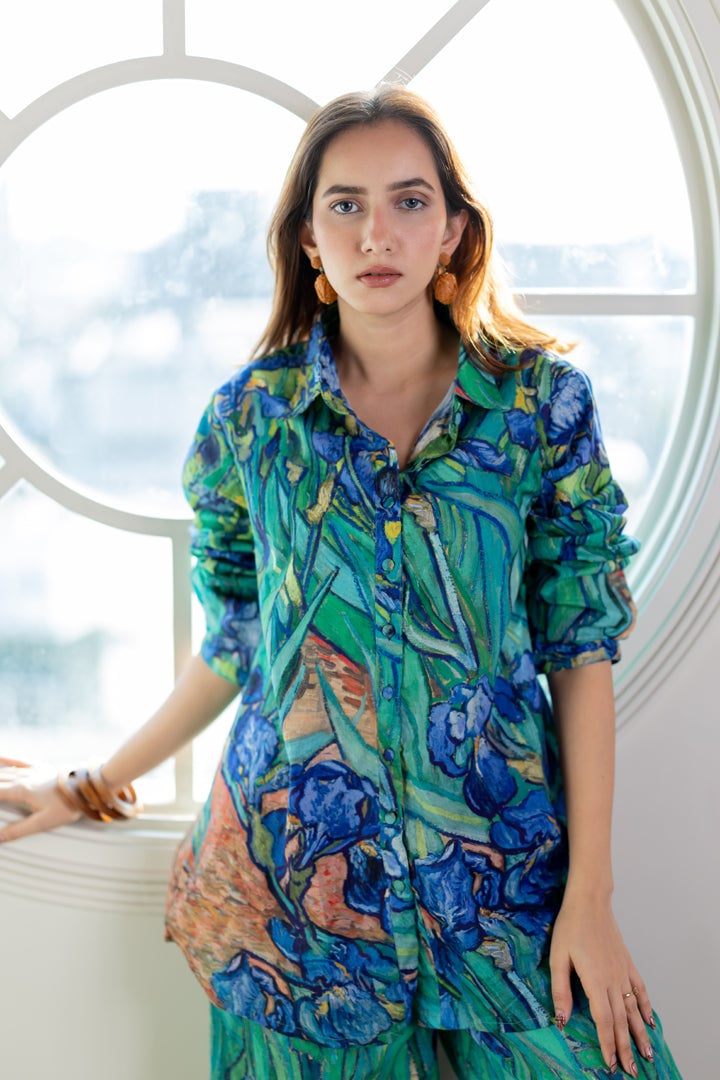 Aqua Blue Iris Print Shirt and Wide-Leg Pants Co-ord Set