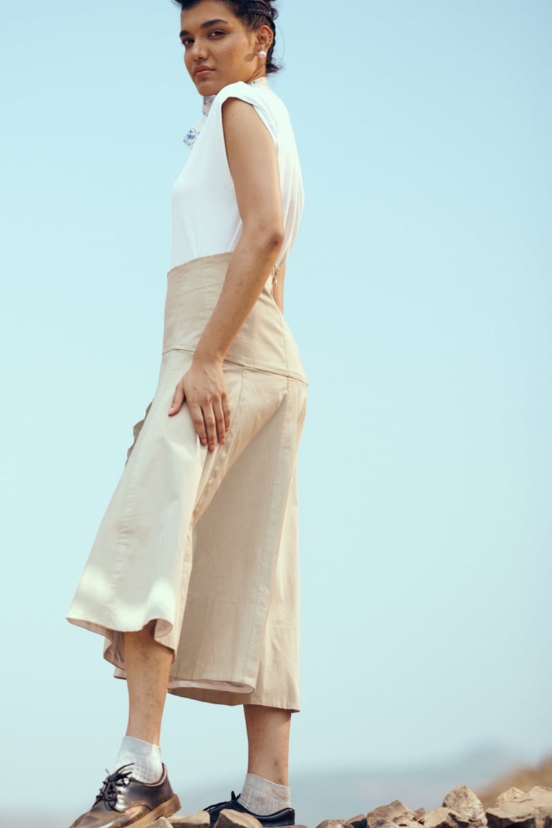 Tan High-Waist High-Low Midi Cotton Twill Skirt