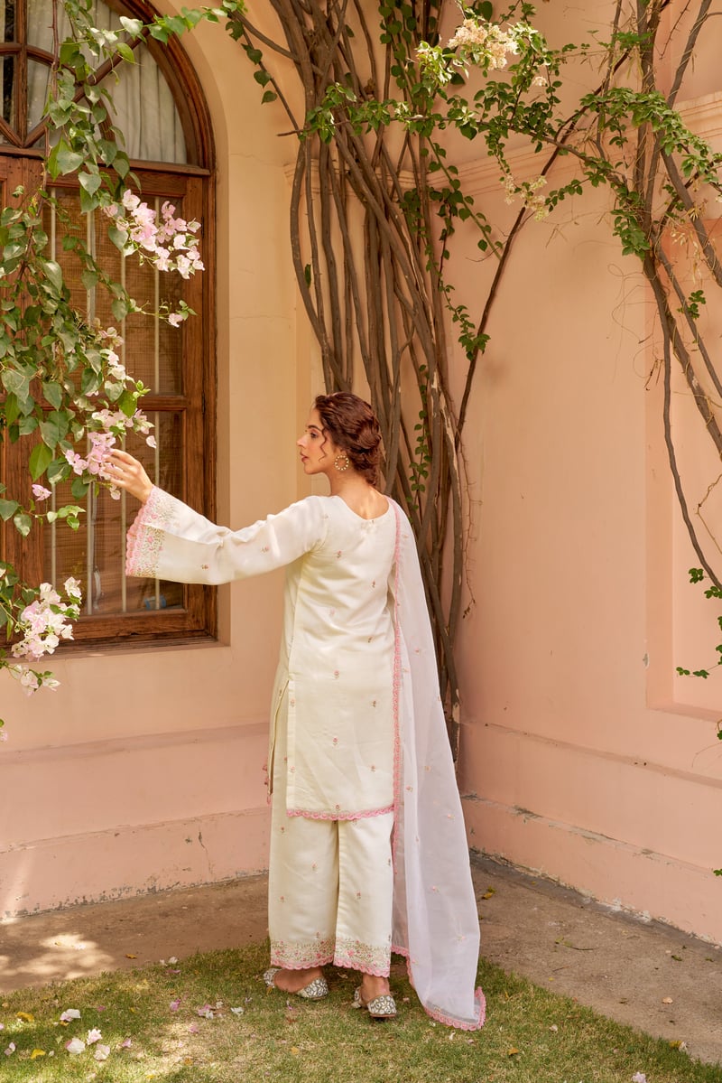 Ivory and Pink Chanderi Embroidered Straight Suit Set