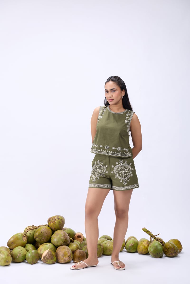 Olive Green Ari Embroidered Blouse and Shorts Co-ord Set