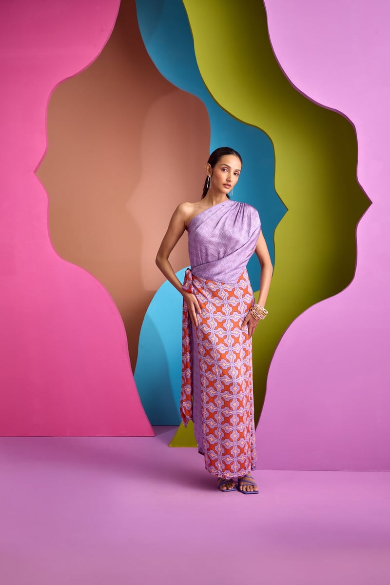 Purple One-Shoulder Printed Kaftan with Side Buttons — CUIN